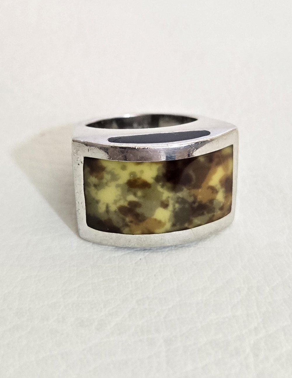 Sterling Silver Rectangular Baltic Amber Inlay Ring - Yellow Brown